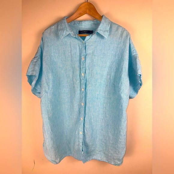 Lauren Ralph Lauren Black Label Linen Short Sleeve Button Up Shirt Blue White 2X - Picture 1 of 9